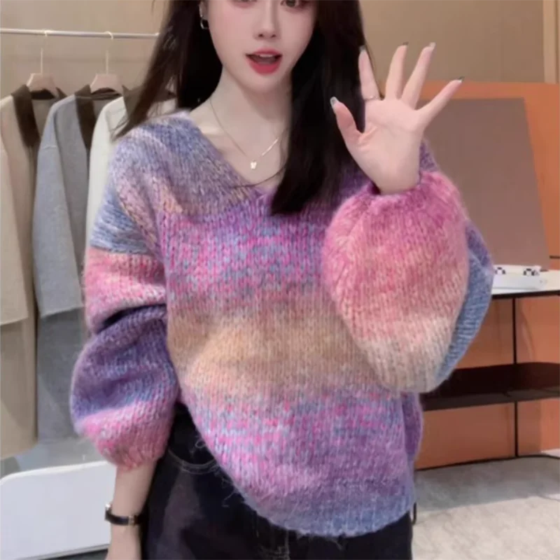 Short Jumper Sweater Women Y2k Clothes Pullover Pink Gradient Korean Fashion O-Neck Autumn Winter 2024 Casual Tops Chic Female