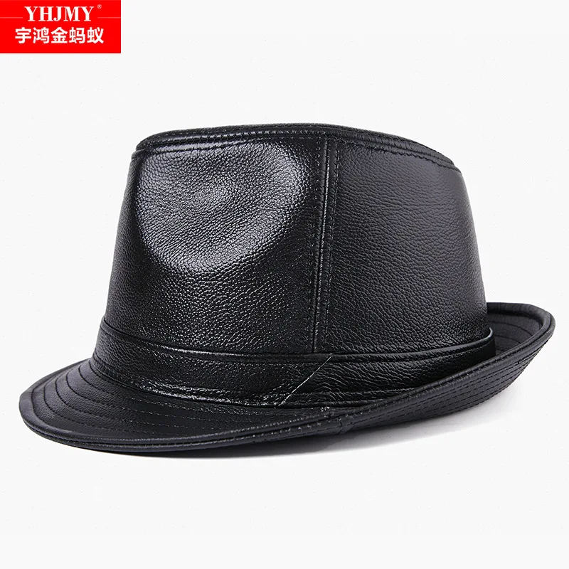 spring and autumn models first layer cowhide top jazz gentleman hat Korean version trendy leather casual hat