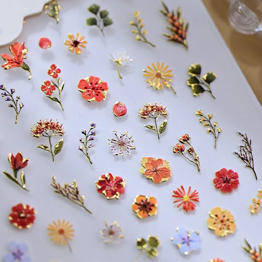 1pcs 5D Bronzing Gold Daisy Sunflower Nail Stickers Spring Summer Floral Leaf Nail Decals Adhesive Dried Flower Nail Supplies @