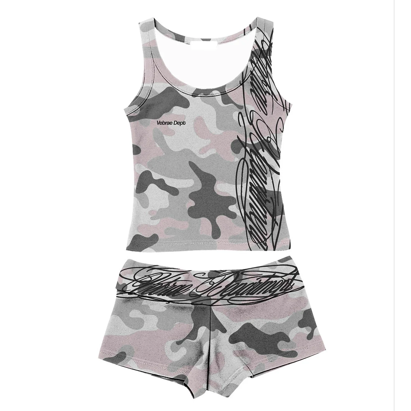 Y2K Damen Camouflage-Print 2-teiliges Outfit-Set Gothic Graffiti Buchstaben U-Ausschnitt Crop Top Tiefsitzende Shorts Sommer Streetwear Casual Lo – Detail 13