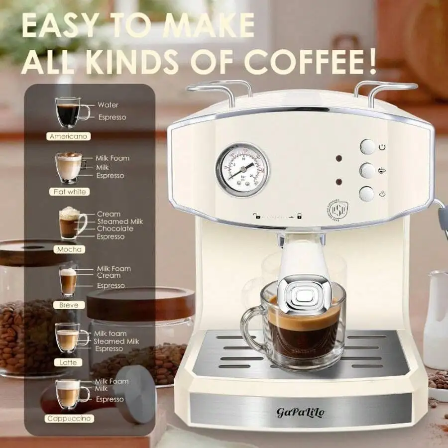 Retro Espresso Machine With Milk Frother, ESE Pod Compatible Coffee Make With Pressure Gauge, Single &Double Shot Support, 54 Oz