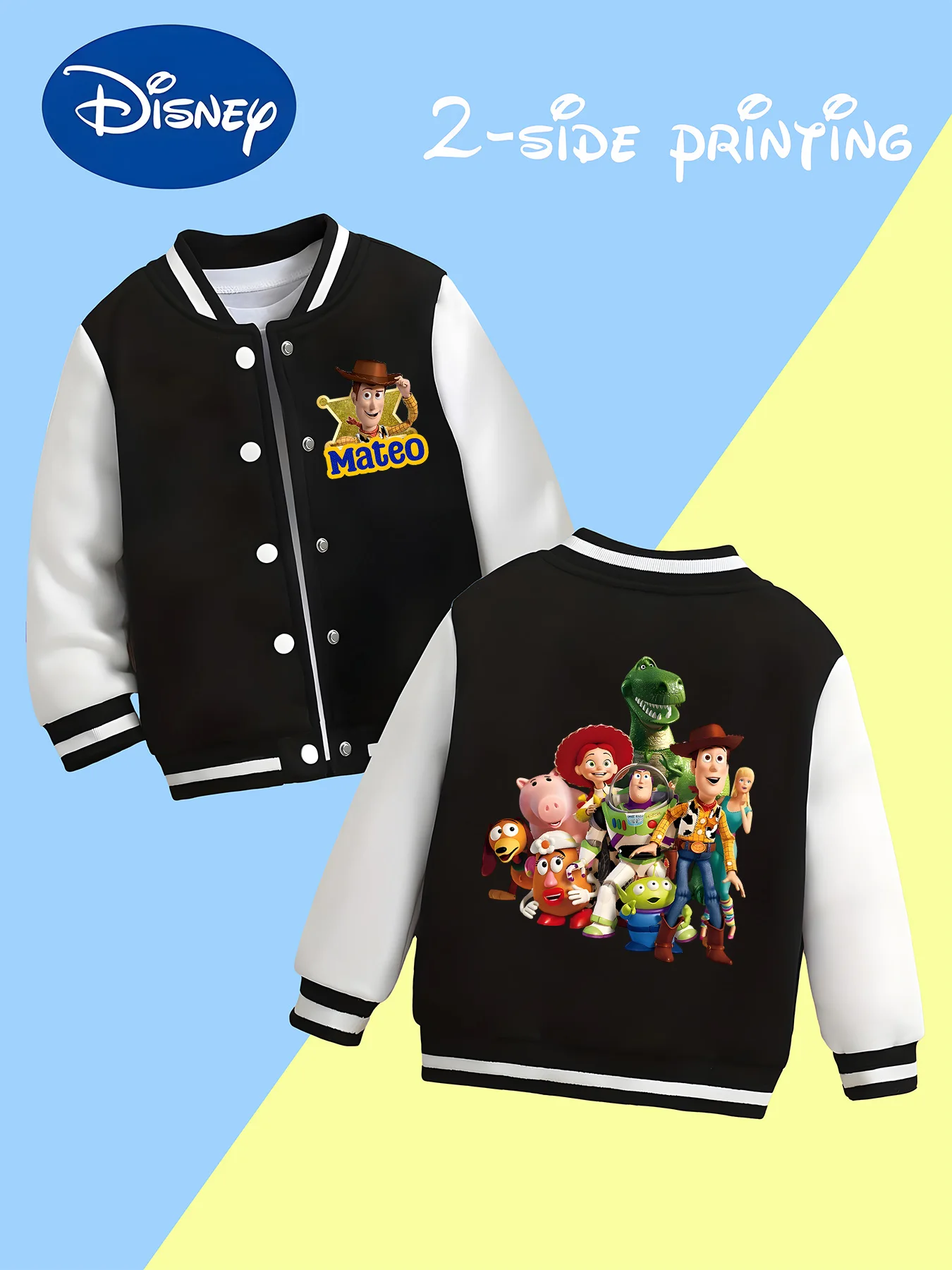 

MINISO Disney Boys' Baseball Jacket - Buzz Lightyear Double-sided Print, Durable and Comfortable Fabric
