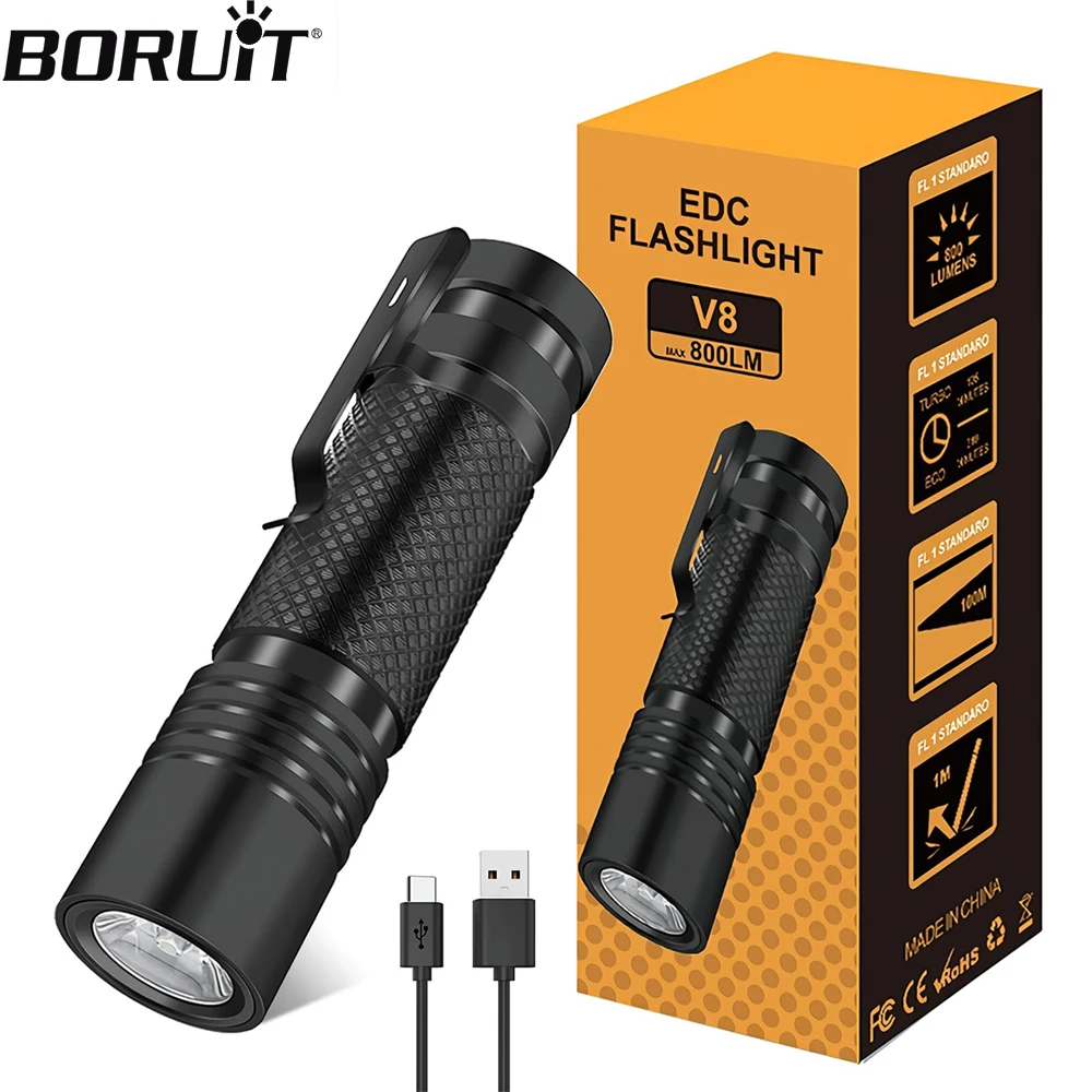 

BORUiT V8 EDC Flashlight 18650 USB C 800LM Rechargeable Powerful Torch 5 Lighting modes 1200mAh Built-in battery Portable Light