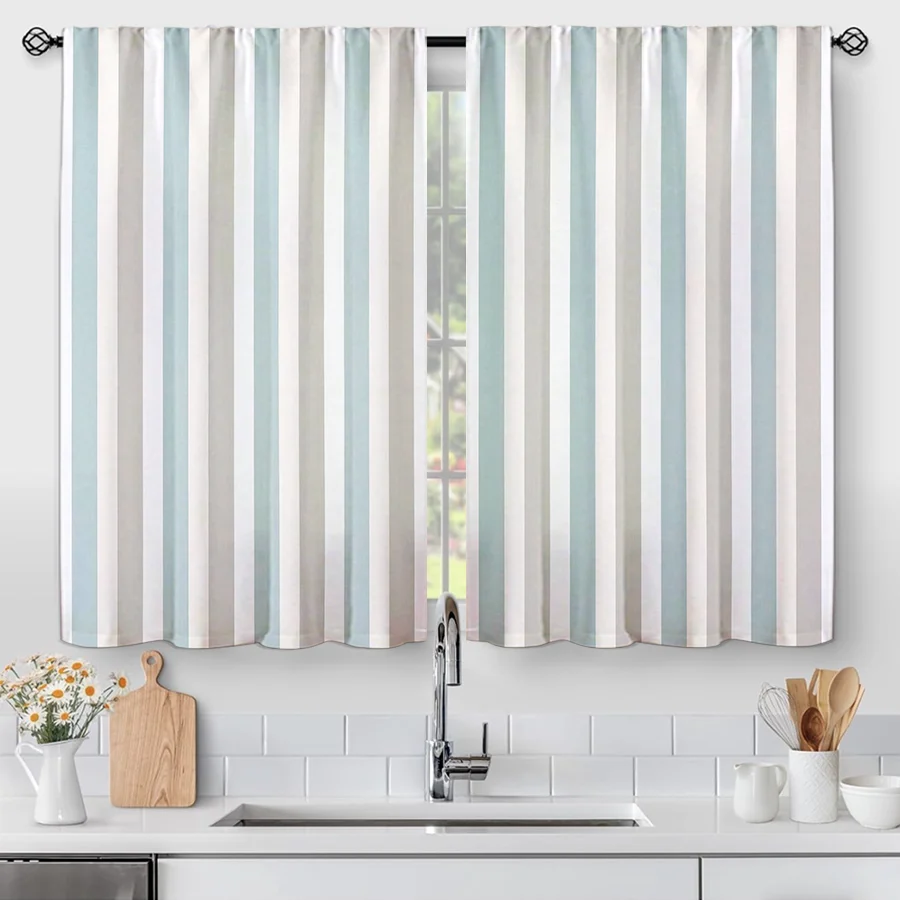 2PCS Digital Print Curtains, Light Blue White Vertical Stripe Pattern, Fresh Coastal Nautical for Living Room Kitchen Decor