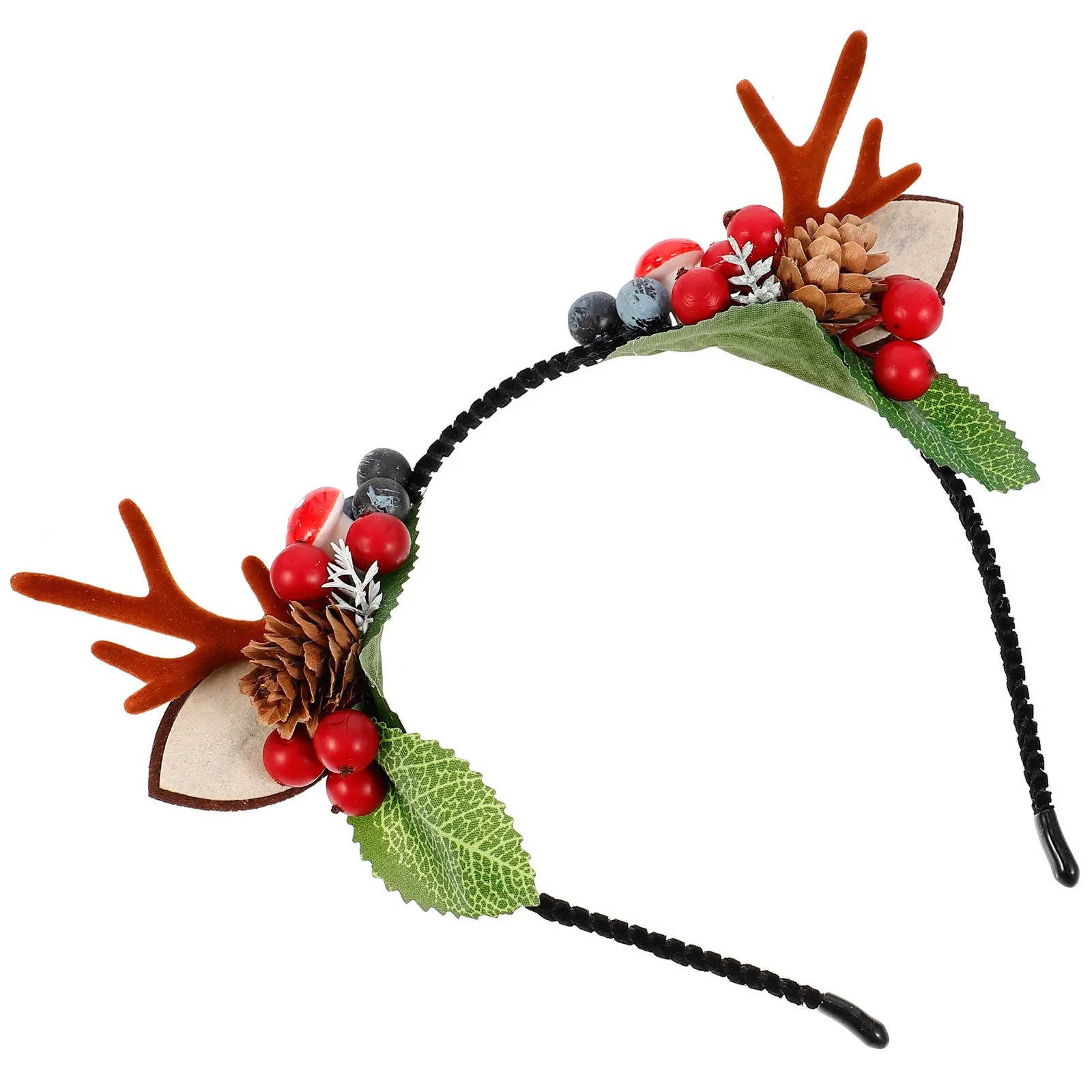 Christmas Deer Antler Headband Fake Pine Cones Berries Hairband Christmas Hair Accessory Party Photo Prop Deer Headwear