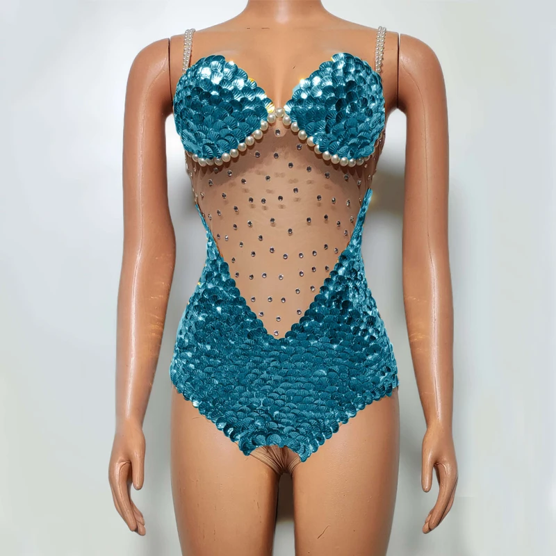 8 Colors Rhinestones Bodysuit Sexy Mesh Sequins Rompers Women Singer Celebrate Gogo Dancer Costume Stage Festival Outfit XS7674