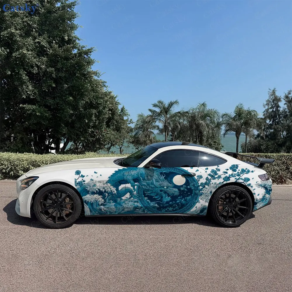 2pcs Cherry Blossom Blue Dragon Car Side Wraps, Self-Adhesive PVC Waterproof & Scratch-Resistant Stickers, Car Accessory Gift