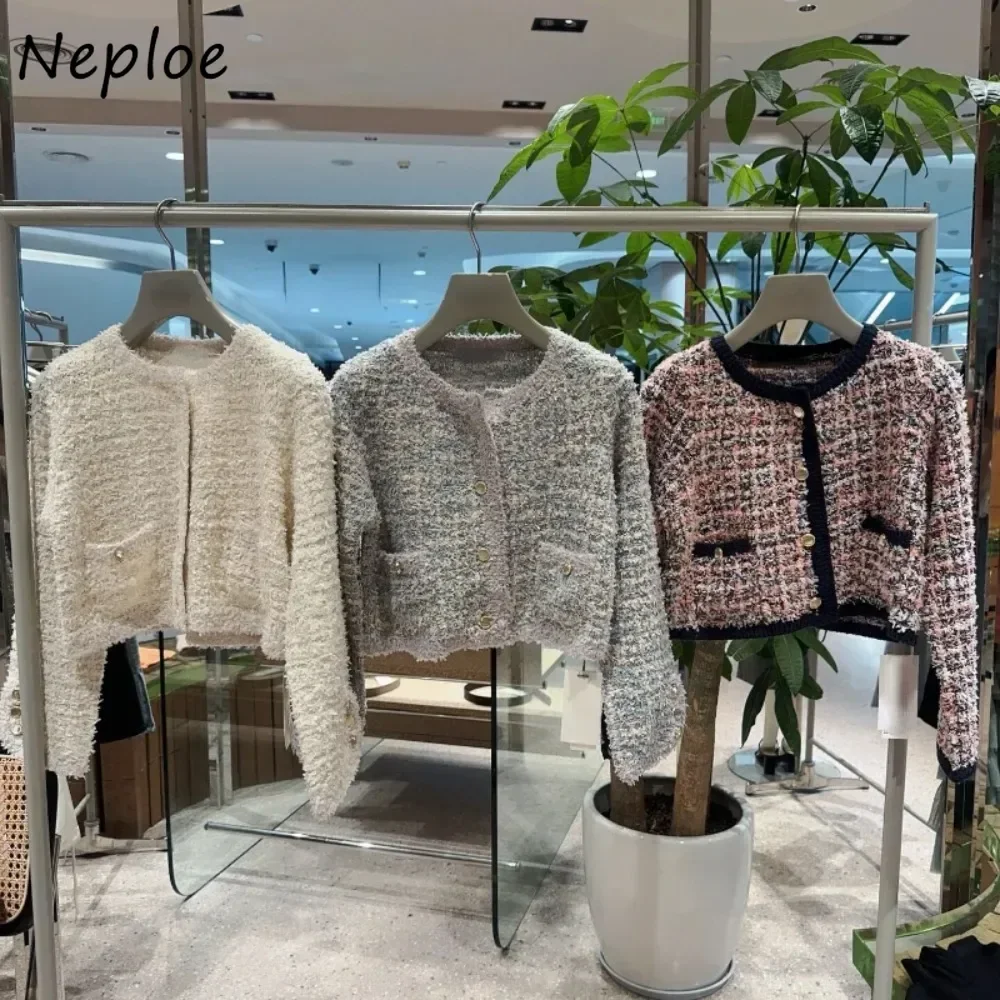 Neploe 2024 Autumn New O Neck Long Sleeve Coat Sweet Tweed All-match Cardigan Small Fragrance Jacket Japan Fresh Mujer Outwear