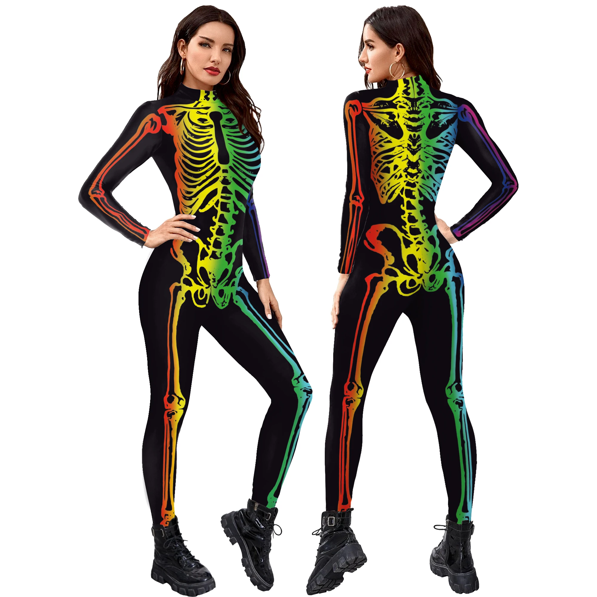 IOOTIANY Sexy Enganliegender Skelett-Print Jumpsuit Catsuit Totenkopf Halloween Karneval Party Cosplay Bodysuit Damen Cosplay Kostüme – Detail 3