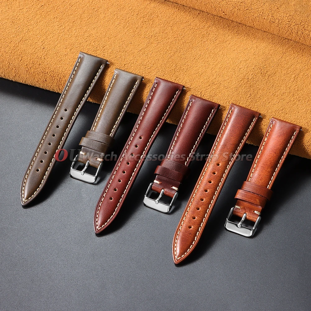 For Omega Vintage Oil Wax Cowhide Watch Strap 18mm 19mm 20mm 21mm 22mm Brown Head Layer Leather Watchband Pin Buckle Accessories - view 5