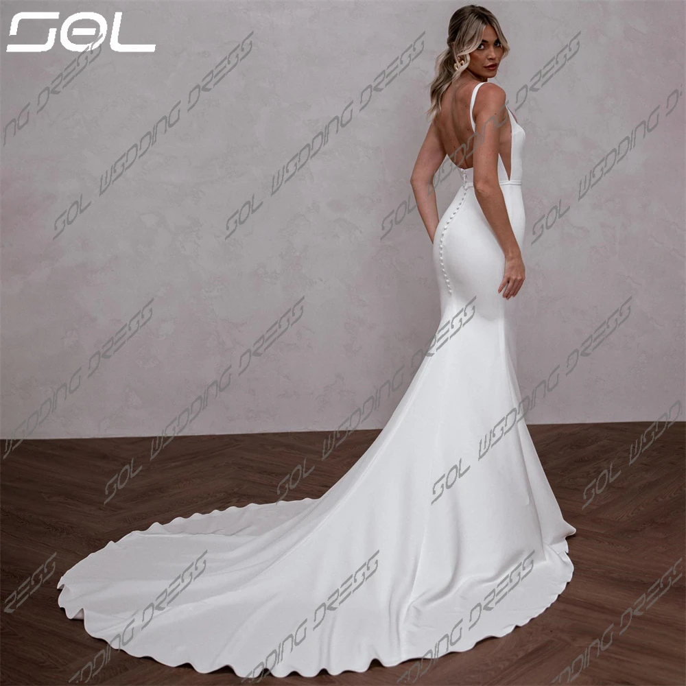 Sol sexy abnehmbare lange Zug quadratischen Kragen Brautkleider elegante rücken freie Satin Meerjungfrau Brautkleider Vestidos de Novia