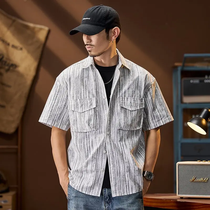 Summer Ice Silk Bubble Texture Shirt Men Outdoor Lightweight Loose Casual Short Sleeve Cargo Shirts Tops