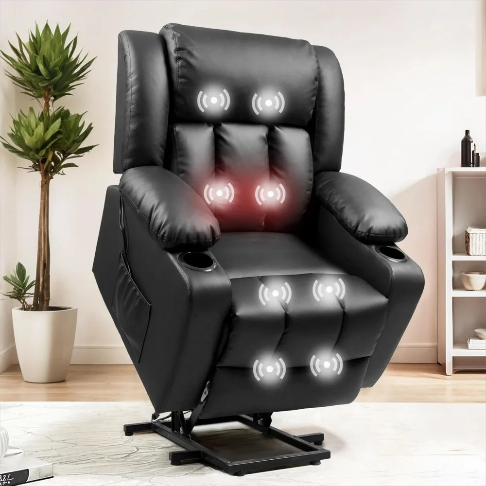 XL31 Power Lift Recliner Chair for Elderly, Electric Lift Chair with Massage & Heat, PU Leather Reclining Sofa w/Cup Holders,