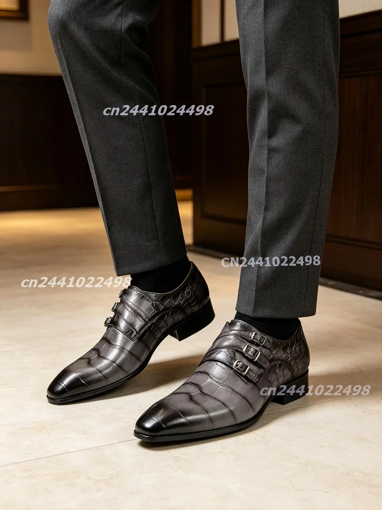 Men's Three Monk Straps Loafers Pointed Toe Crocodile Print Faux Leather Burnished Toe Buckle Slip On Handmade Dress Shoes