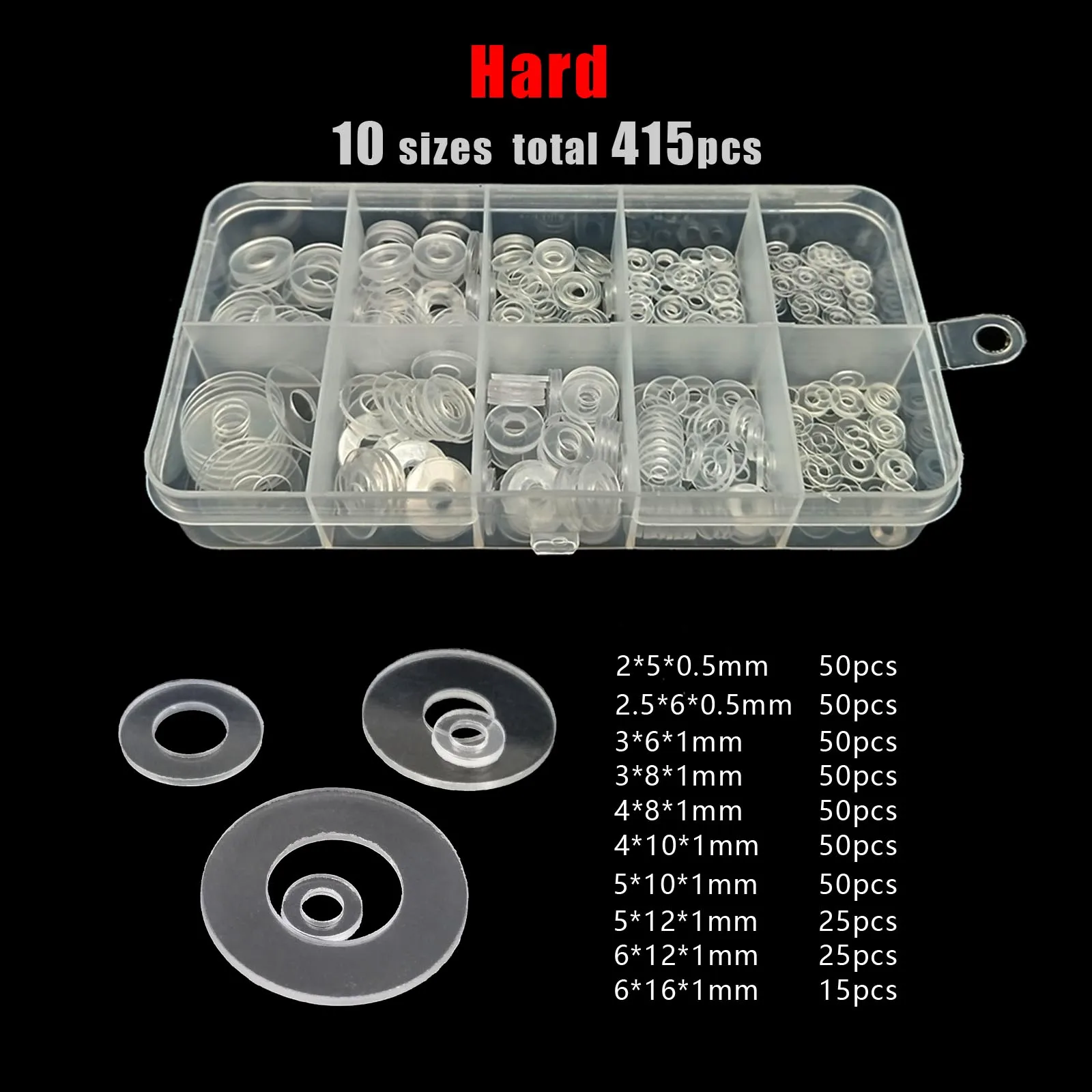 415pcs/box Transparent Clear Flat Washer Plain Spacer Insulation Gasket Ring M2 M2.5 M3 M4 M5 M6 10 Sizes Kit Set Plastic PVC