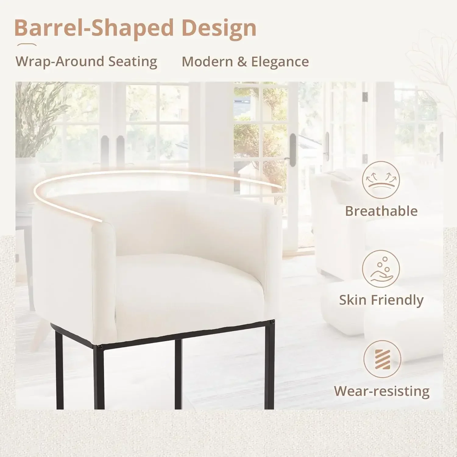 27" H Barhocker in Thekenhöhe, 2er-Set, moderne Barrel-Thekenhocker mit Rückenlehne und Armlehnen, schwarze Metallrahmen