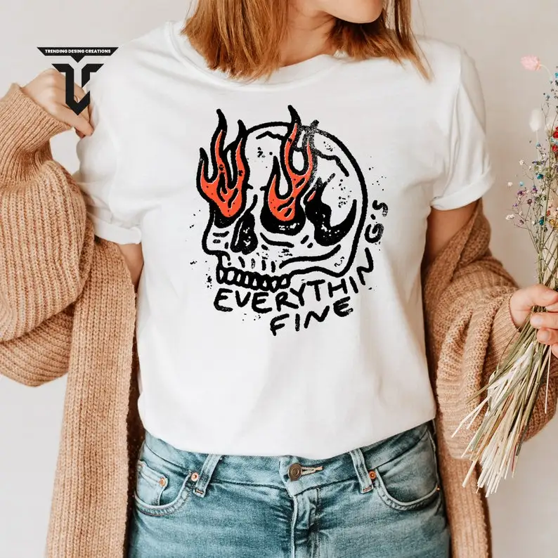 

Everything is Fine Skeleton T-shirt, Funny Skeleton Shirt, It's fine I'm fine Everything is fine, Skull Rebel Rock n Roll Grunge