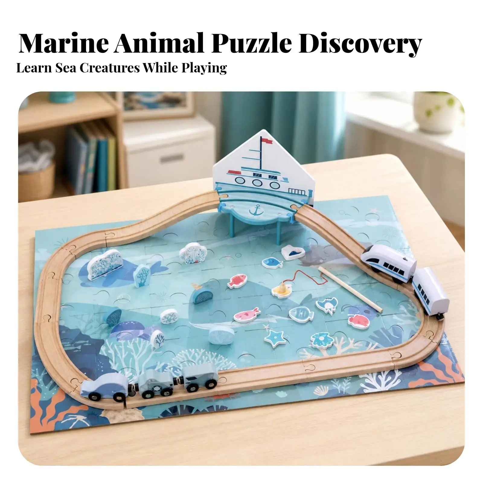 木製オーシャントレイン線路パズルおもちゃ（釣り竿ブリッジと海洋生物学習ゲーム付き）