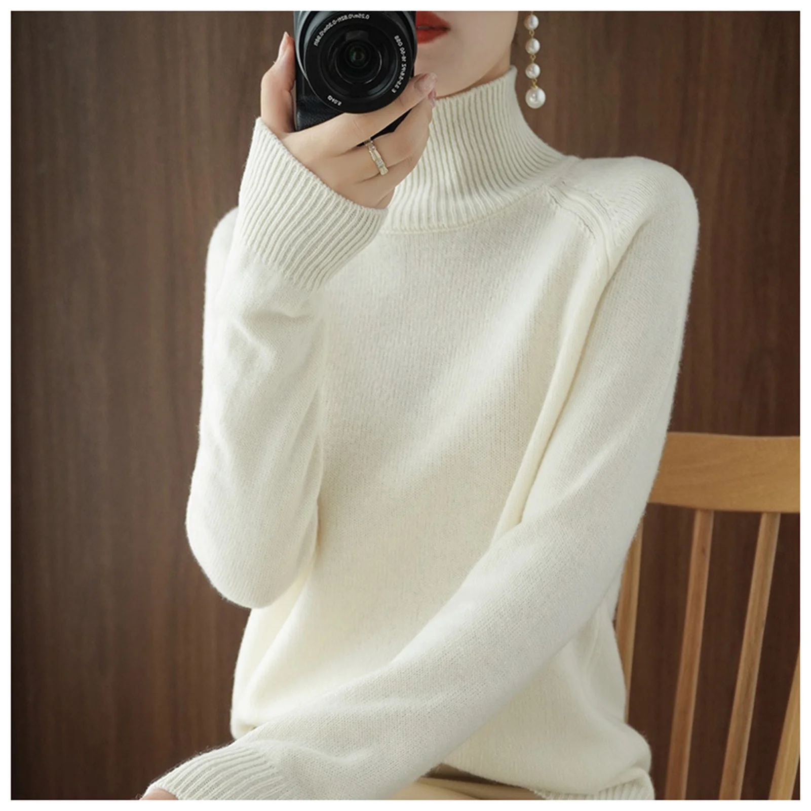 Women's Solid Turtleneck Sweater Cozy Knit Sweater Casual Loose Pullover Jumper for Vacation Outdoor Club