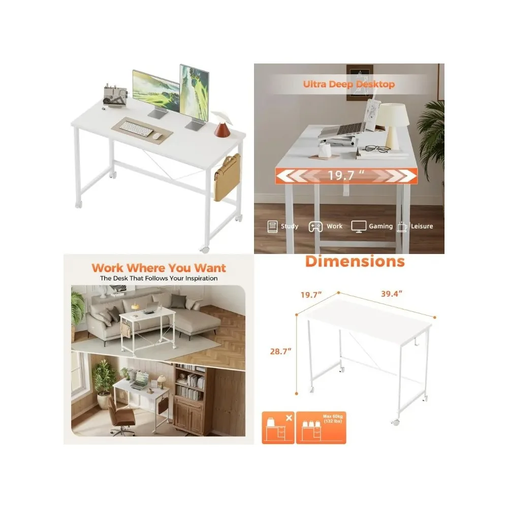 Compact Rolling Gaming Desk with Wheels for Home Office, Modern Style Small Space Computer Table for Study and Writing