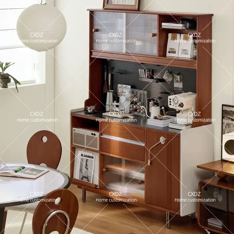 Retro French solid wood dining side cabinet, household storage cabinet integrated against the wall, narrow side tea cabinet,