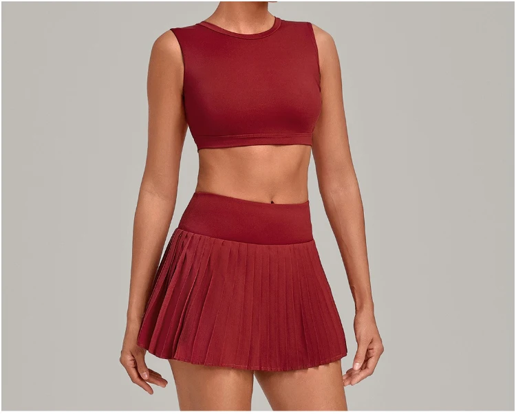 VITALINOVO Tennisrock-Sets für Damen, Rundhals-Camisole-Oberteil, passend dazu hochtaillierter, plissierter Sportrock für Damen, ideal für Tennis, Golf und Workouts – Detail 3