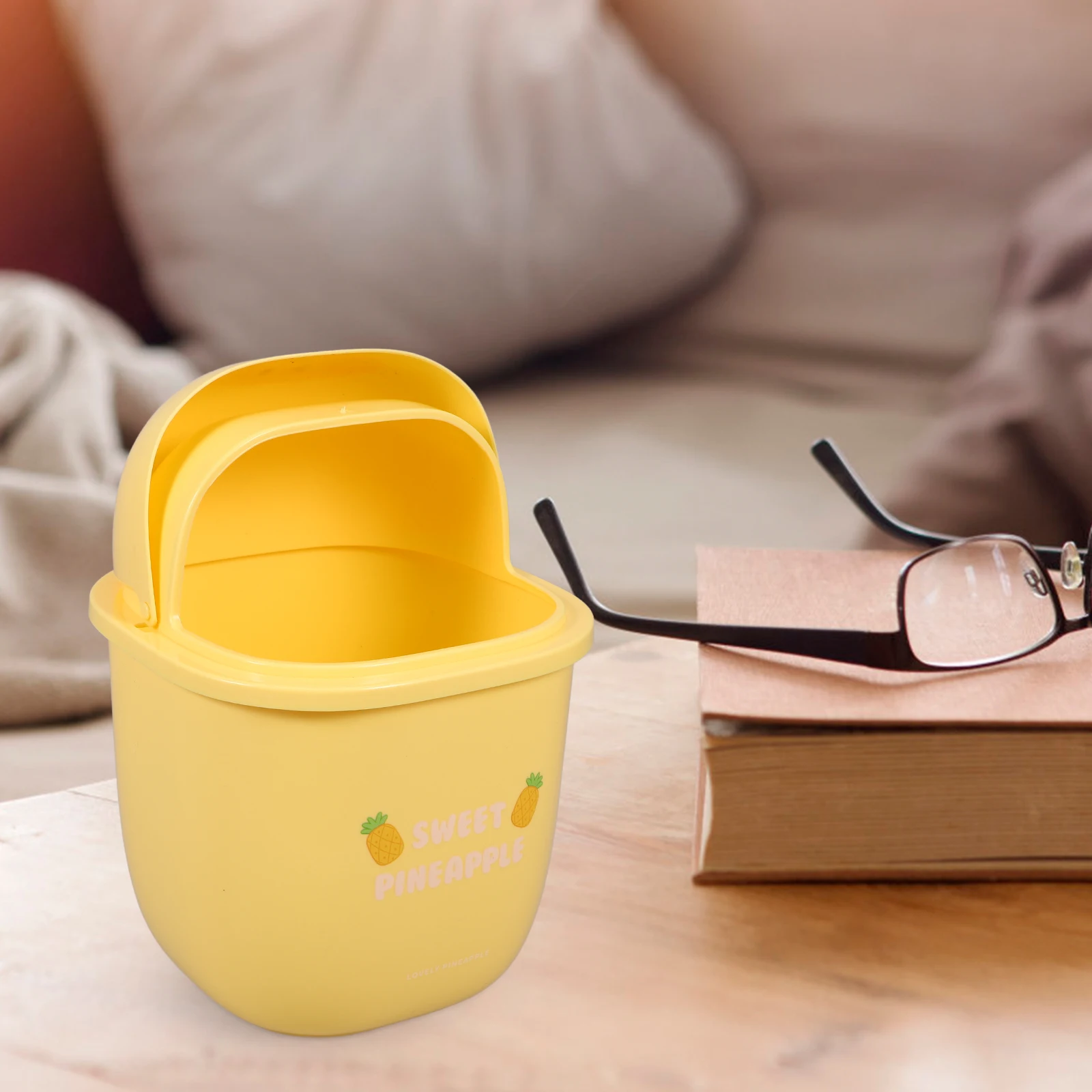 

Lemon Yellow Trash Can with Lid for Desk Home Office Bedroom Kitchen Mini Waste Bin Plastic Rubbish Container Storage Box
