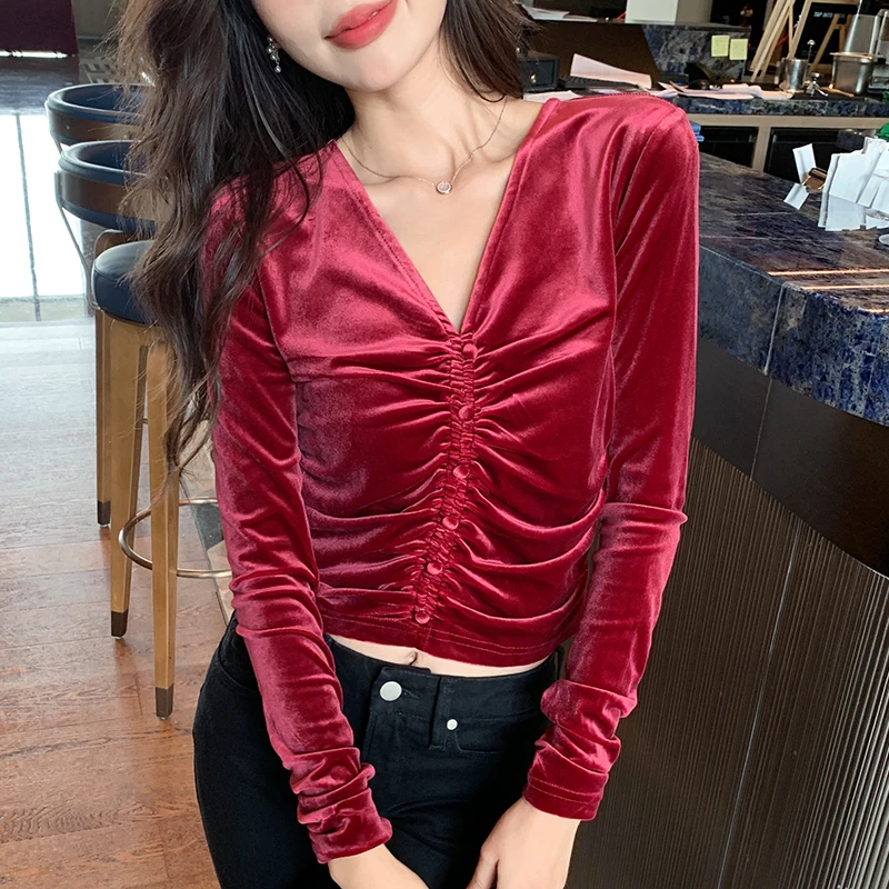 Fashion New Autumn Winter Sweet Long Sleeve V-Neck Women Blouse Slim Black Blouses Shirt Womens Tops Camisas De Mujer 2024 D216