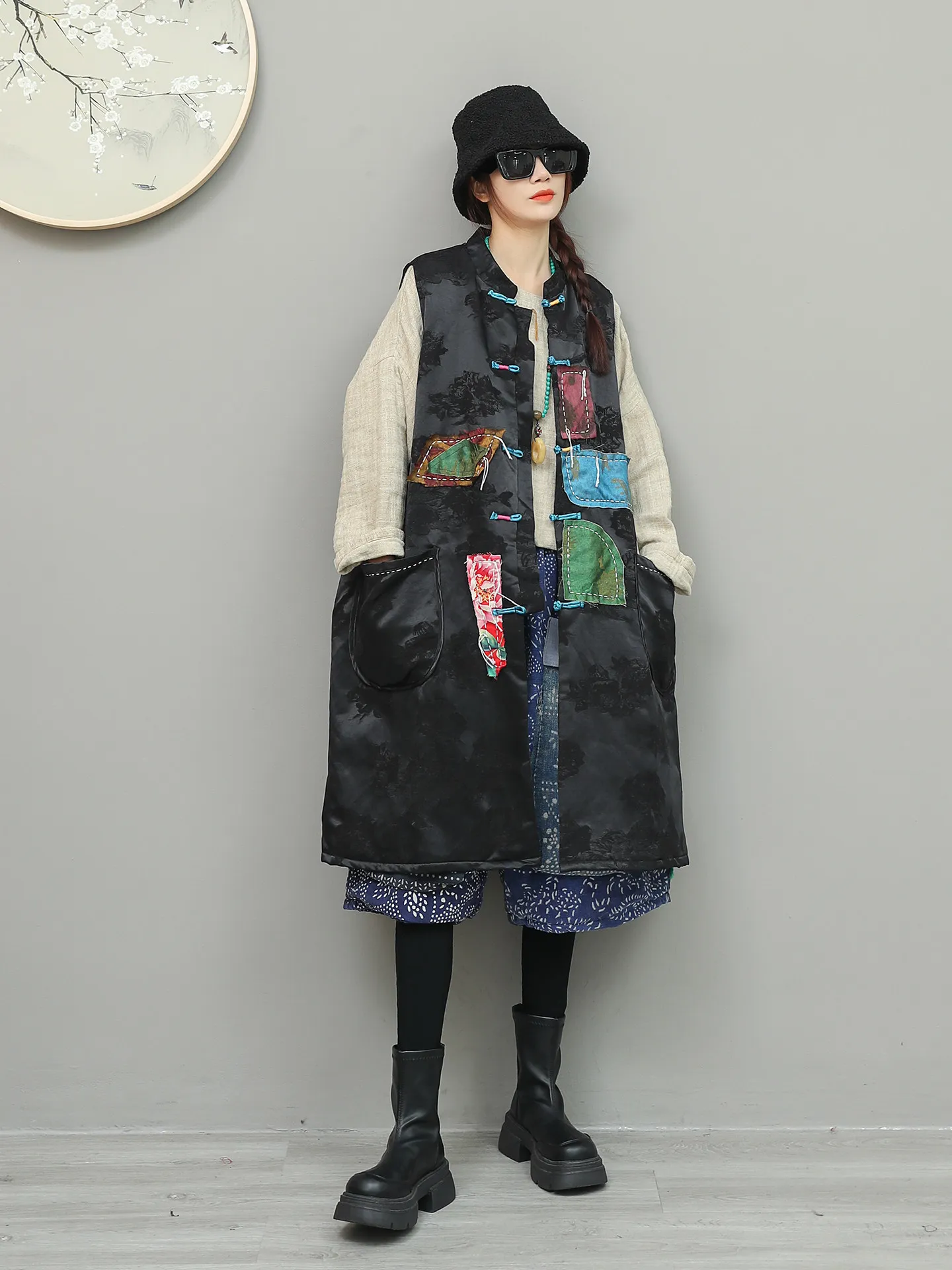 New Retro Chinese Style Cardigan Sandwiched Single Breasted Long Vest Women's Spring Embroidered Sleeveless Casual O-neck Jacket