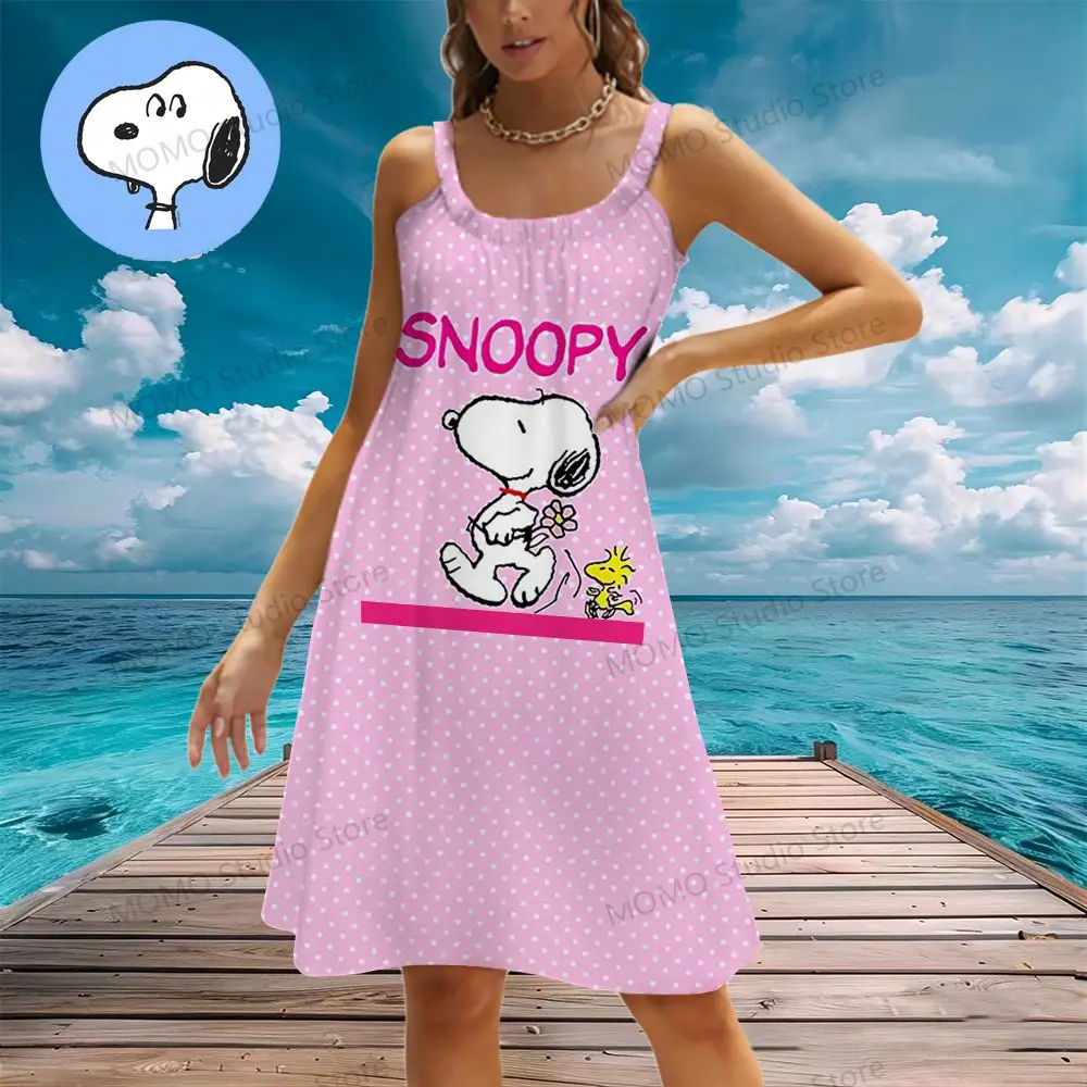 Women's Beach Dresses Kawaii Snoopy 2024  New Dress Boho Summer S-3XL Y2k Youthful Woman Clothes Sling  Fashion