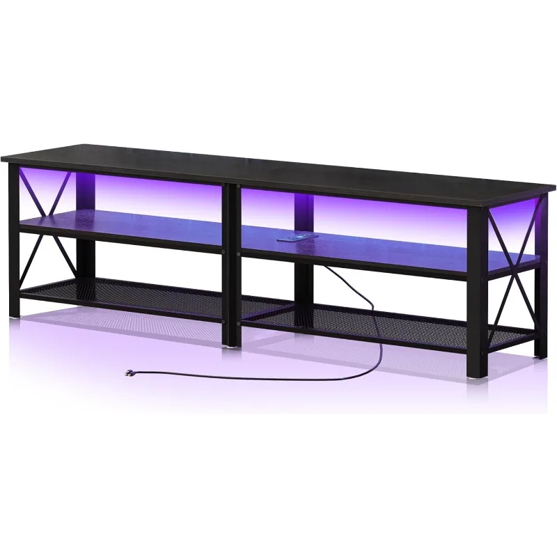 Modern Black 71 inch Metal TV Stand with LED Lights and Power Outlets for 50 60 65 70 75 80 Inch TVs, 3 Tier Television Stands