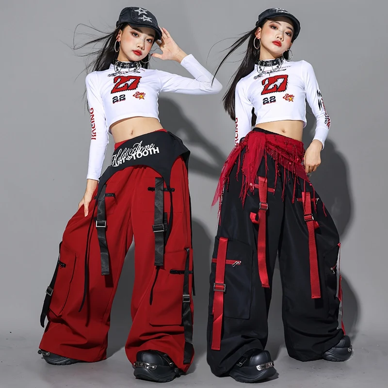 

Одежда для джазовых танцев 2025 года, костюм Kpop для девочек, белый укороченный топ, красные брюки для танцев в стиле хип-хоп, детский наряд для сценического шоу, уличная одежда 2714