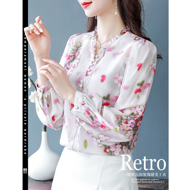 Women Vintage Floral Print Ruffled Button Shirts Korean Fashion Elegant Chic Chiffon Blouse Casual V Neck Long Sleeve Loose Tops