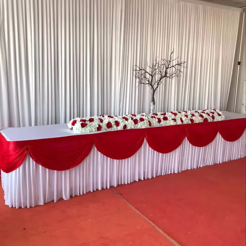 10/20FT Long Ice Silk Table Skirt Tablecloth Skirting With Top Swag Drape for Wedding Birthday Buffet Table Decoration