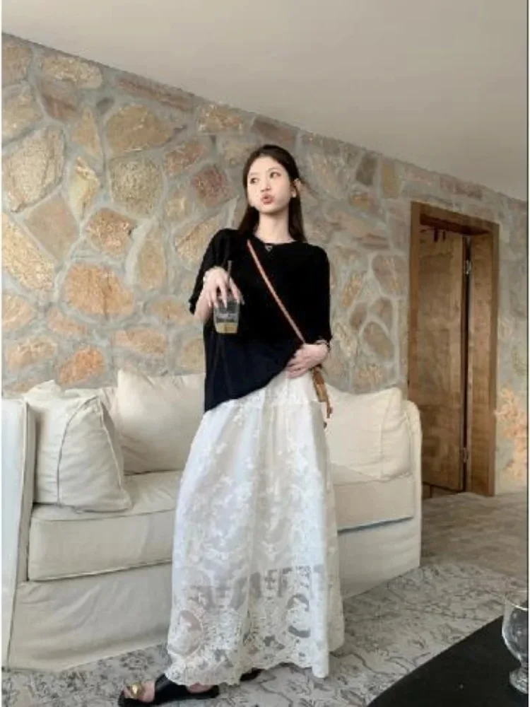 Süße lange koreanische für Frauen, hohe Taille, A-Linie, weiß, Jupe 2024, Faldas Mujer De Moda, modischer, lockerer Saia-Spitze, weißer Sommerrock