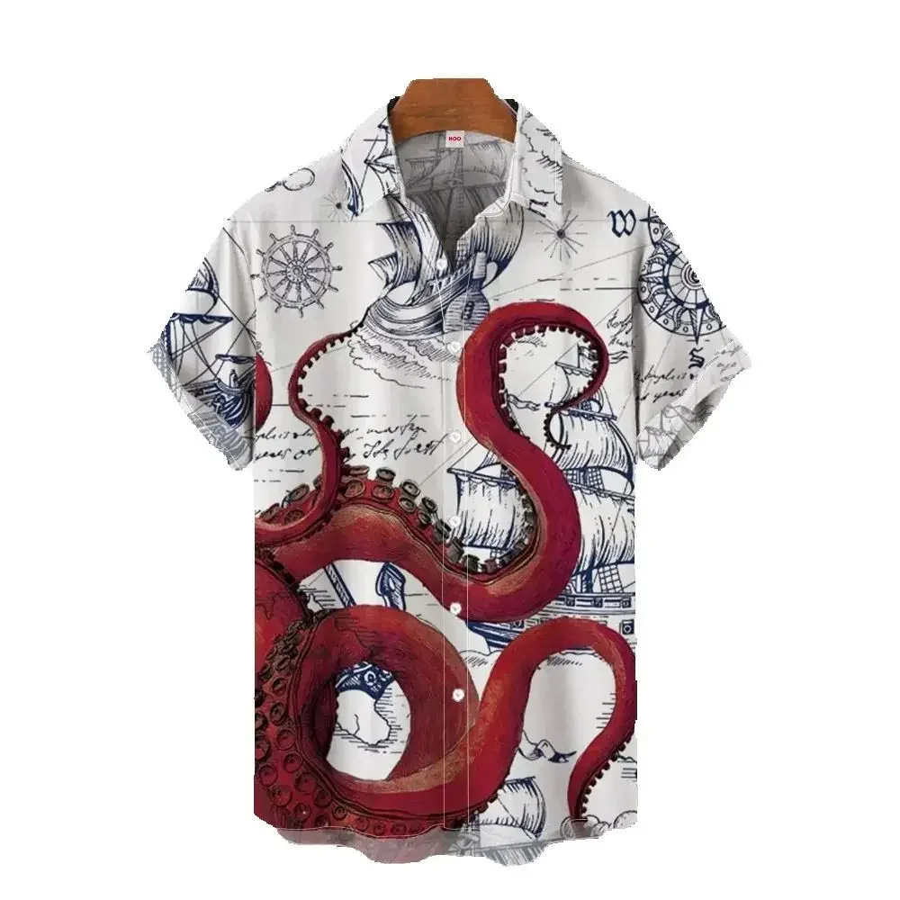 Vintage Men's Shirt Octopus Graphic Print Shirt For Men Casual Short Sleeve Top Hawaiian Shirts Men Lapel Oversized Men Clothing