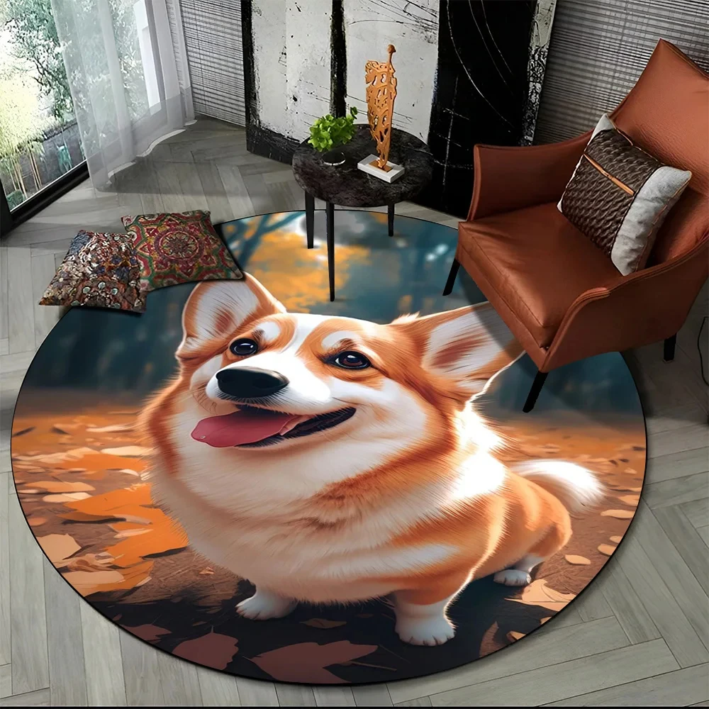 Cute Dog Round Carpet Cartoon Pet Circle Rug for Balcony Living Room Sofa Laundry Room Bedroom Doormat Decor Non-slip Floor Mat