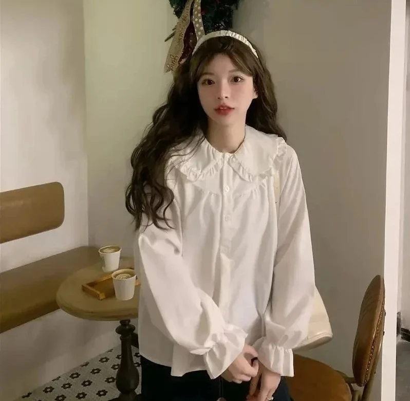 Vintage dames witte shirtreppy stijl mode elegante vrouwelijke blouse met lange mouwen