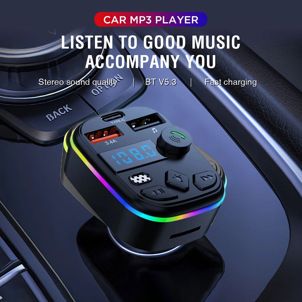 FM Transmitter Bluetooth-Compatible 5.3 Support TF Card U Disk Car Charger Dual USB Type C Cell Phone Charger MP3 Player Adapter