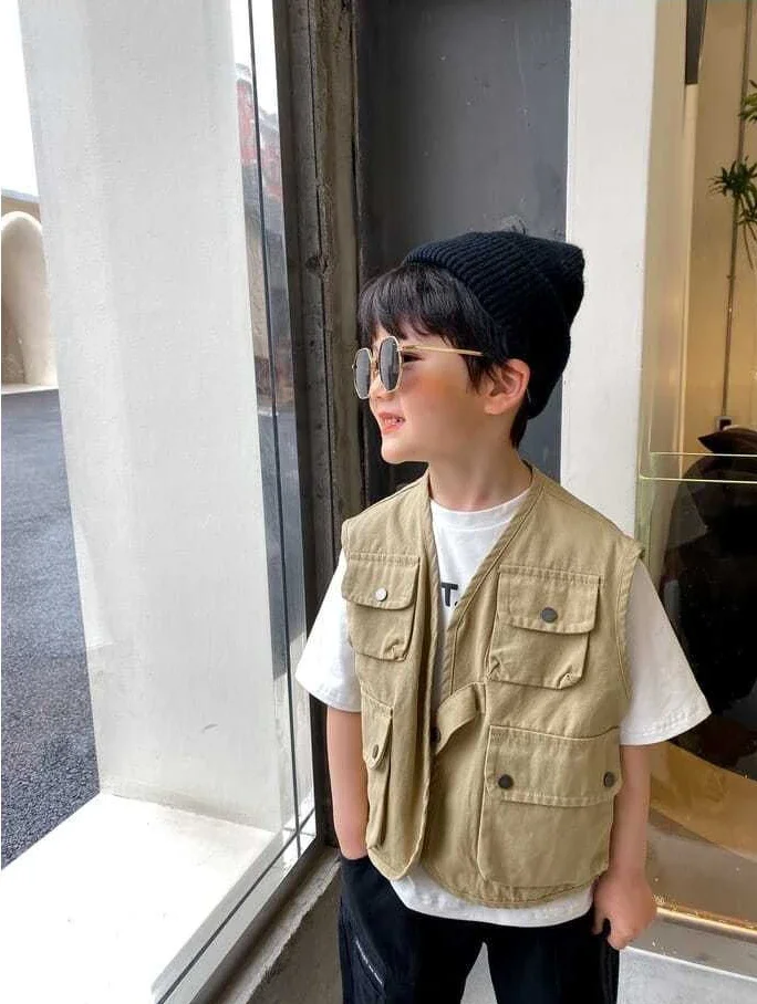 Boy Cargo Vest 2024 Children Handsome Korean Style Vest Coat Baby Boys and Girls Spring Dress Foreign Style Vest Boy Coats