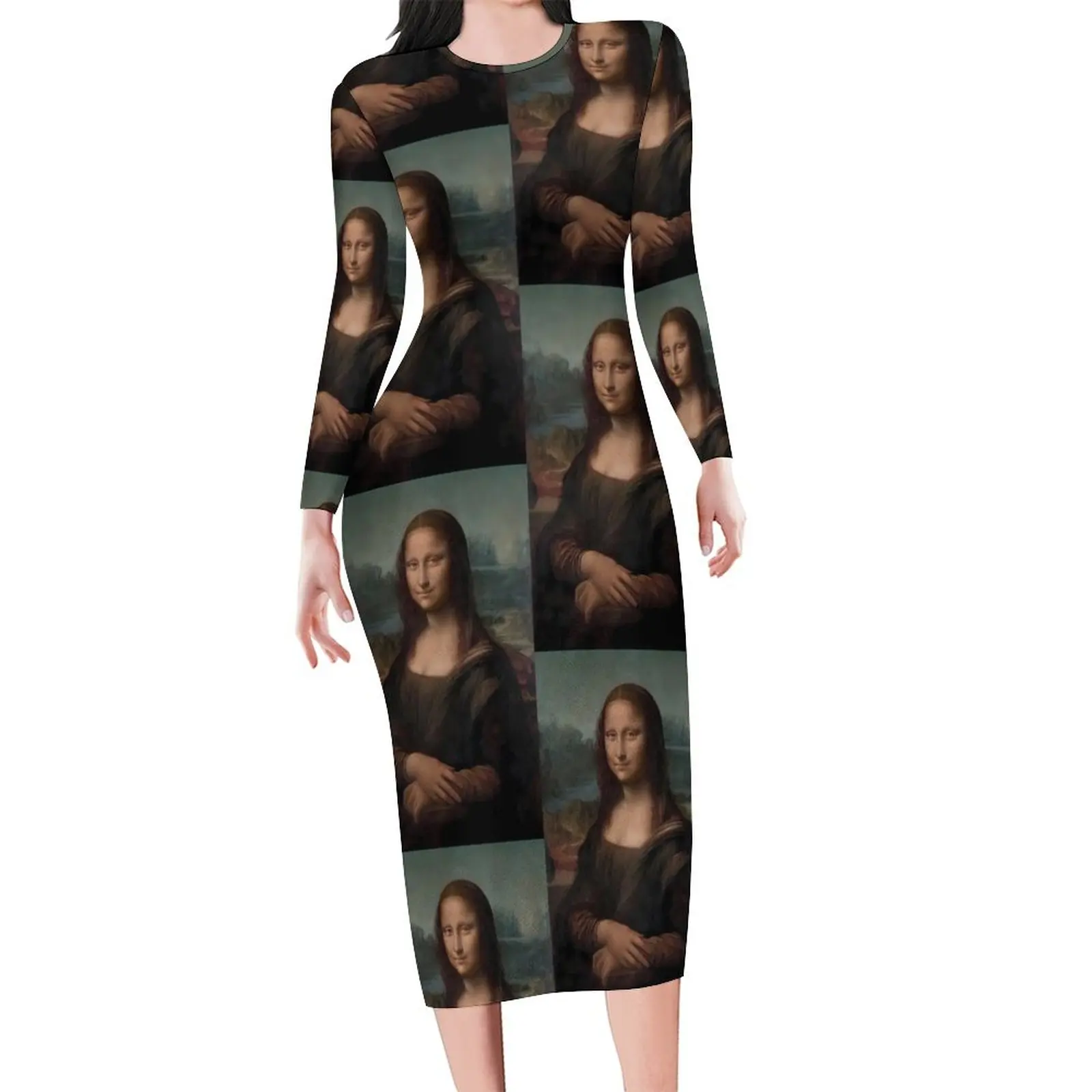 The Mona Lisa Dress Long Sleeve Famous Painting Sexy Dresses Spring Female Aesthetic Design Bodycon Dress Large Size