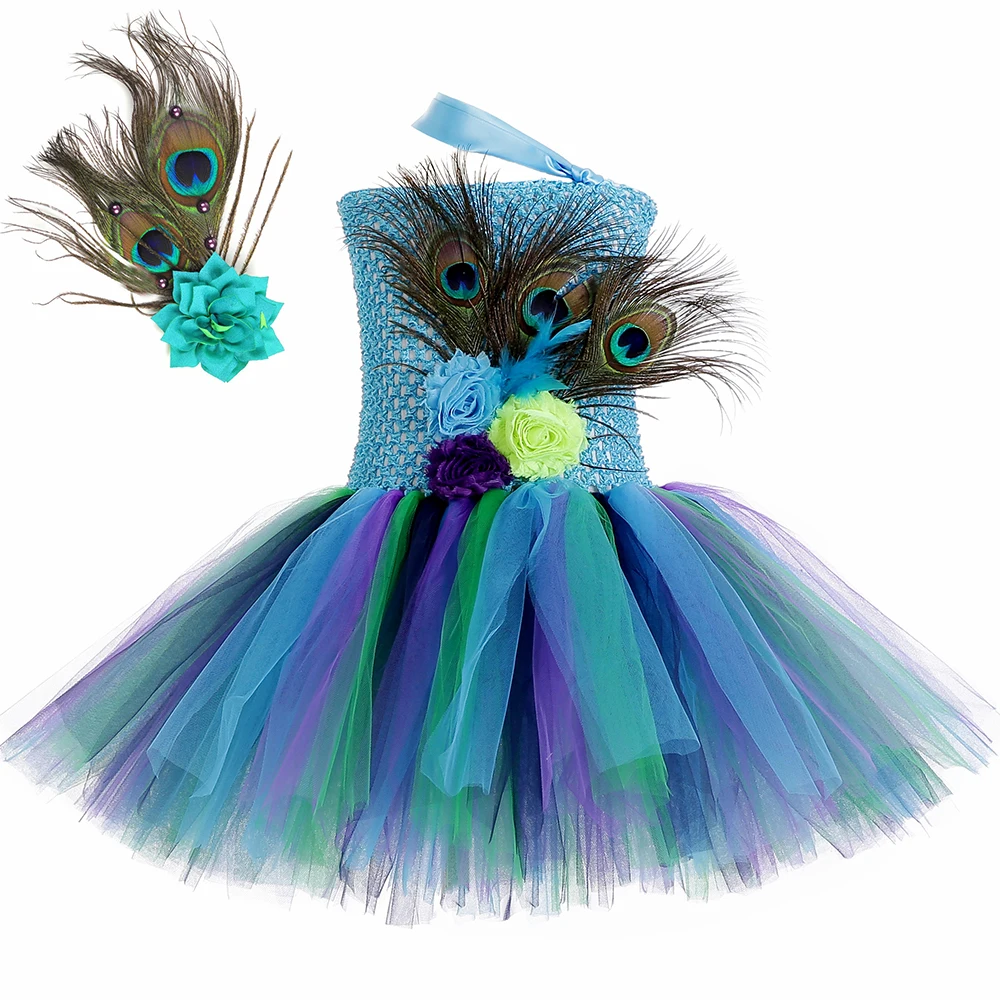 Flower Feathers Girls Peacock Tutu Dress Blue Toddler Girls Princess Peacock Costume Kids Halloween Carnival Party Tulle Dresses