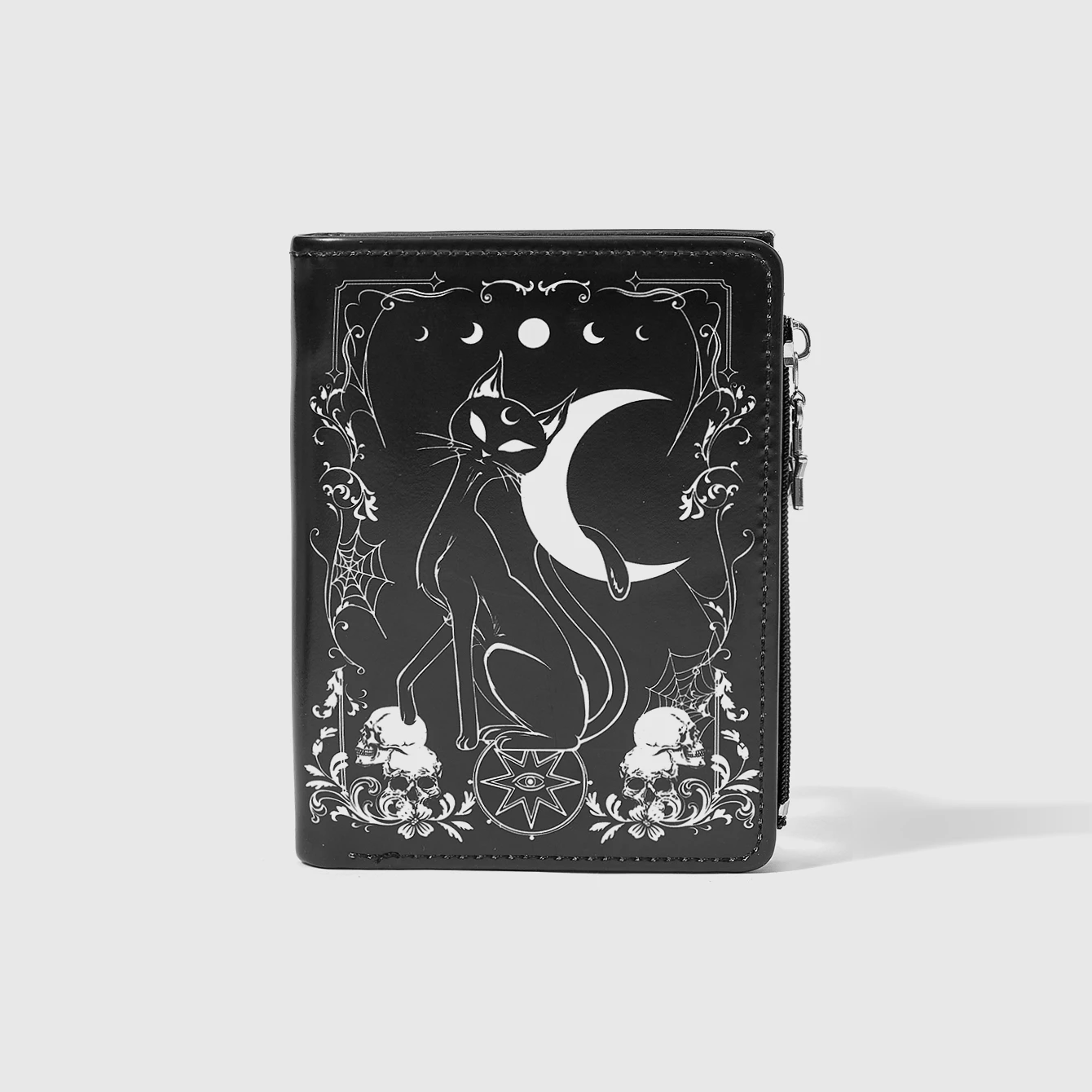 Gothic Moon & Black Cat Print Multi-Card Star Zip Short Wallet, Casual Fashion Card Holder & Coin Purse