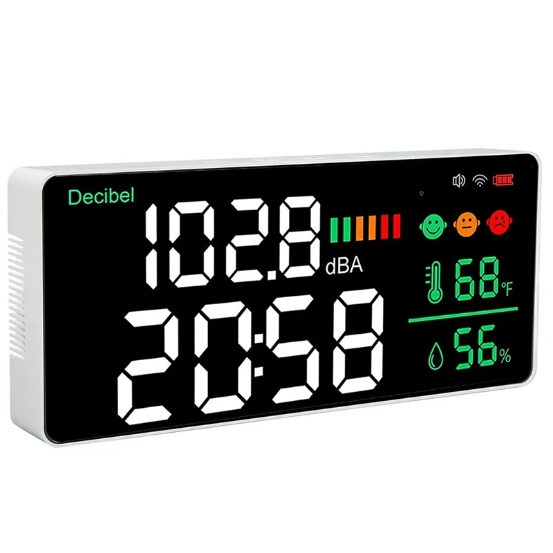 

4-In-1 Decibel Meter Wifi Wall Mounted Sound Level Meter Digital Clock Temperature Humidity Meter, 30-130DBA DB Meter