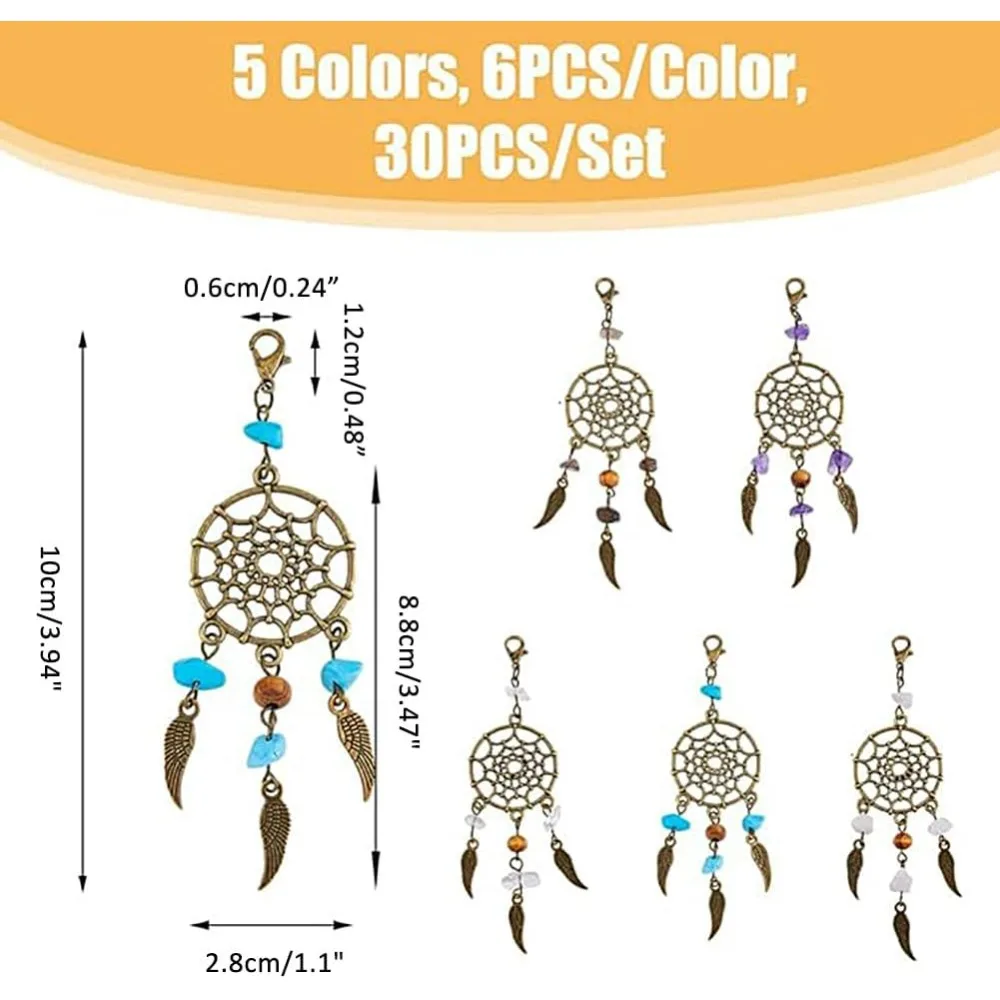 5 Colors 30PCS Dream Catcher Charms Woven Web Pendants with Lobster Claw Clasps Woven Net Charms with Feather Alloy Pendants