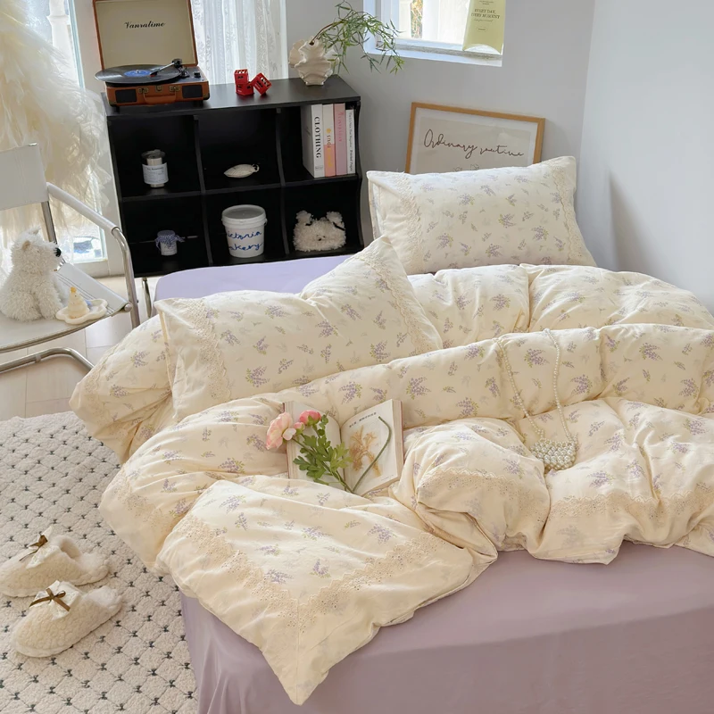

100% Cotton Vintage French Lavender Flowers Lace Bedding Set Single Queen Size Duvet Cover Bed Sheet/Fitted Sheet Pillowcases