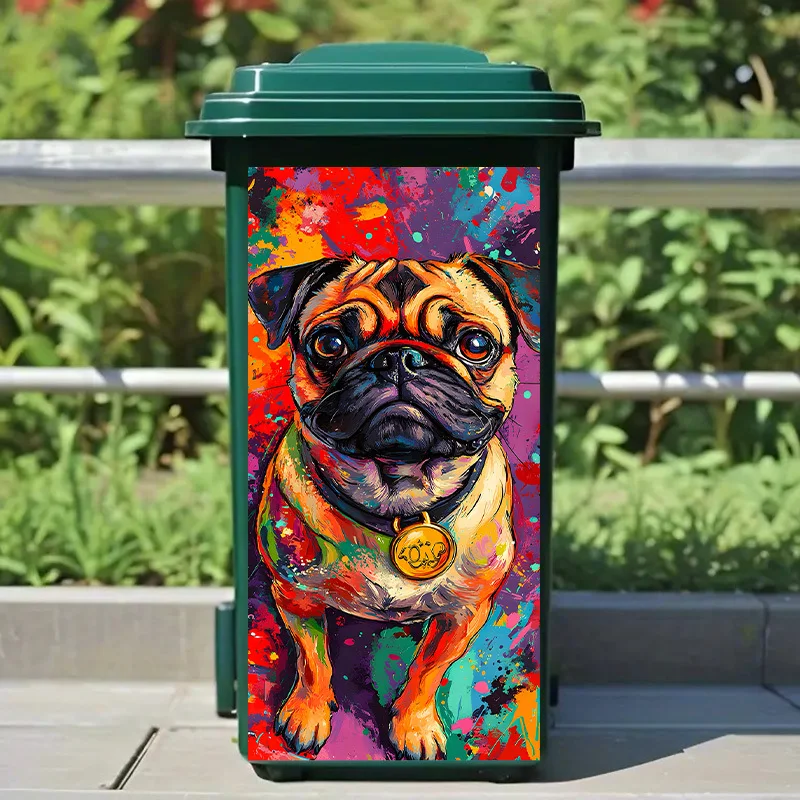 1 Garbage Can Sticker - Colorful Pug Abstract Paint Splashing Bold Pop Art Dog Stickers, Durable PVC Material for Garbage Can