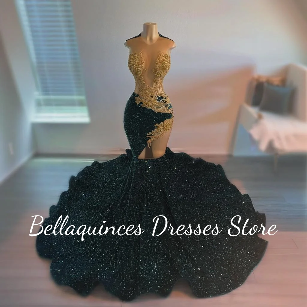 Glitzerndes grünes Pailletten-Meerjungfrau-Abschlussballkleid für schwarze Mädchen, O-Ausschnitt, langes Gold-Strass-Perlen-Partykleid für Damen, luxuriös, individuell gestaltet