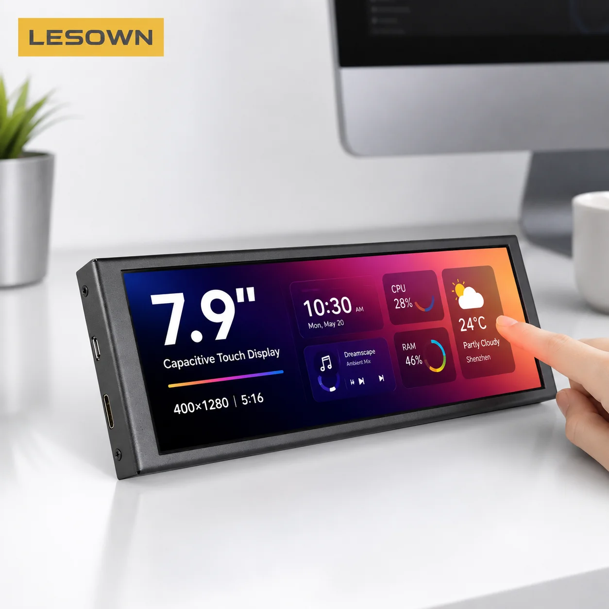 LESOWN Black Stretched Monitor 7.9 Plug and Play miniHDTV Motherboard Hardware Sensor Panel PC Case Sub-screen Modding Display