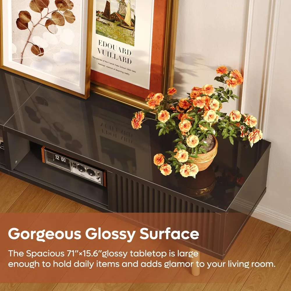 TV Stand for 75/80 inch TV, Low TV Stand with Fluted Sliding Doors, High Gloss Entertainment Center with Storage for Liv